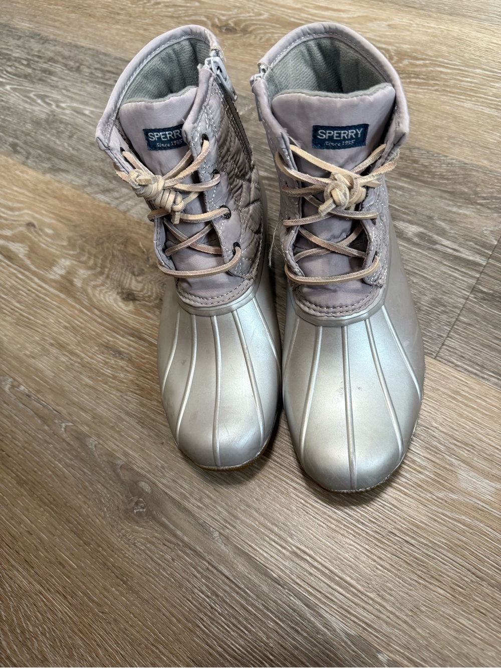 Sperry Silver and Taupe Quilted Lace-Up Duck Boots